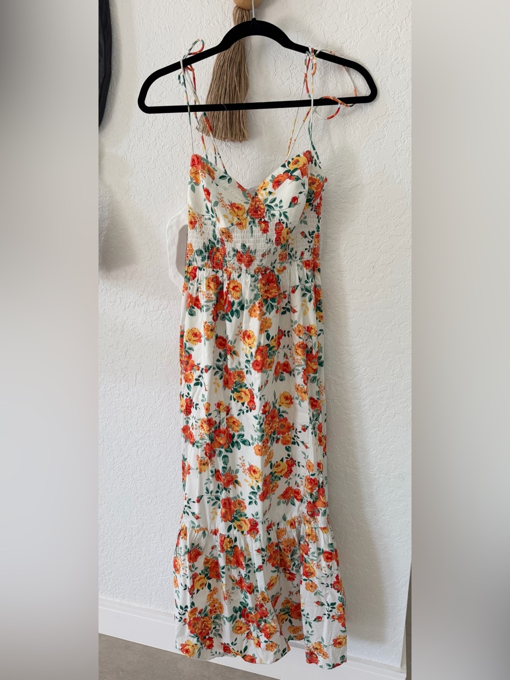 Floral Tie-Strap Maxi Dress in Cream and Orange